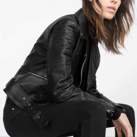 Zara Black Quilted Genuine Sheep Leather Cropped Moto Biker Blogger Jacket XS - Picture 9 of 16
